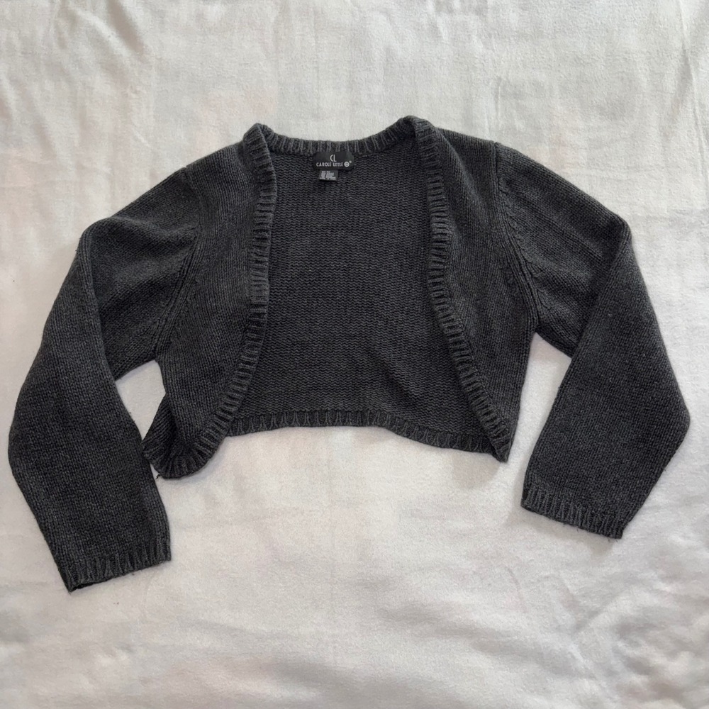Carole Little Silk Cashmere Angora Cropped Shrug Cardigan Sweater Gray Sz M 90s